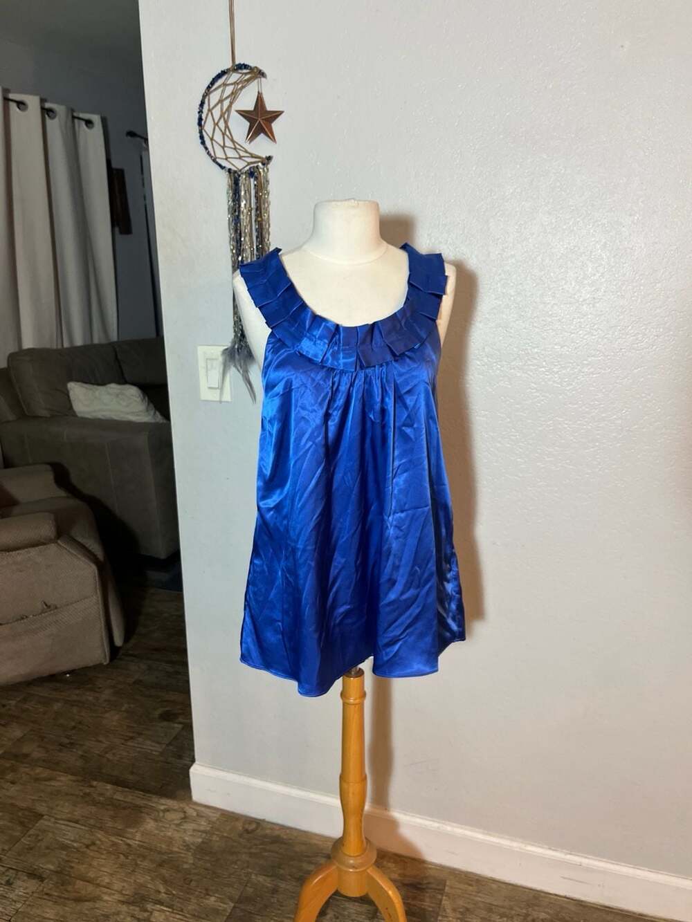 Matty M Blue Satin Ruffle Neck Cross Back Tunic Top Size S
